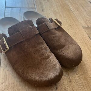 Loeffler Randall Jayden Brown Suede Slide Clogs with Gold Buckles